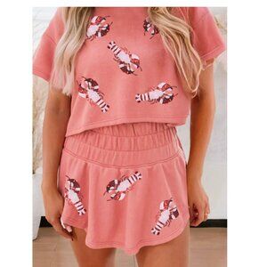 Sequin Crawfish Graphic Cropped Tee & High Waist Skort Set M